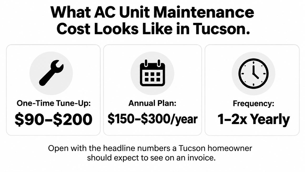 A graphic showing AC unit maintenance costs in Tucson, including one-time tune-up prices, annual plans, and frequency.