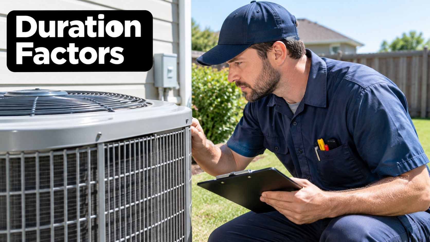 A professional HVAC technician wearing a blue uniform inspects an outdoor air conditioning unit with a clipboard.