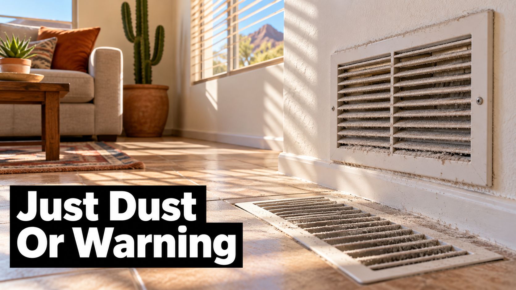 A living room floor and wall featuring air vents covered in a significant amount of household dust.