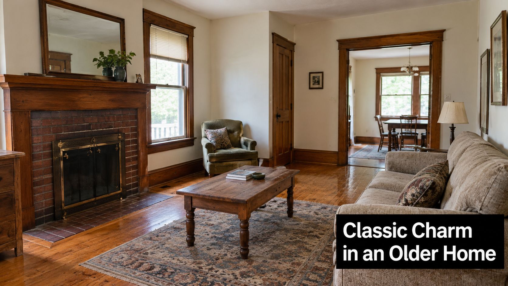 A cozy living room in an older home with wooden floors, a brick fireplace, and vintage furniture.