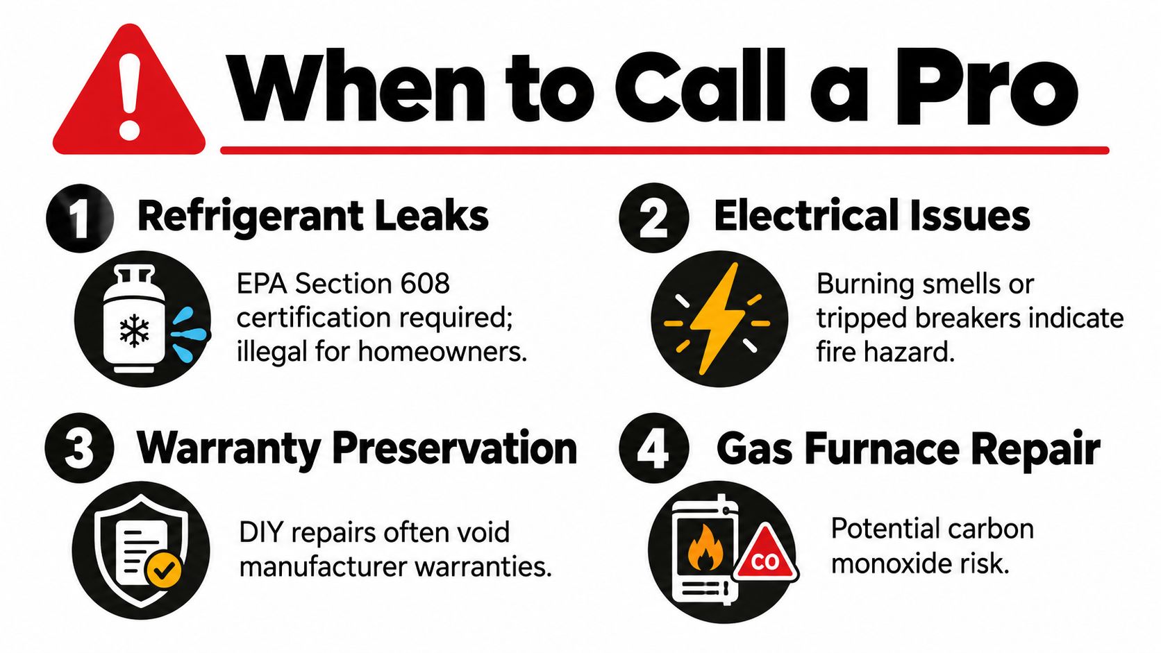 An infographic titled When to Call a Pro, listing four main reasons to hire professional HVAC technicians.