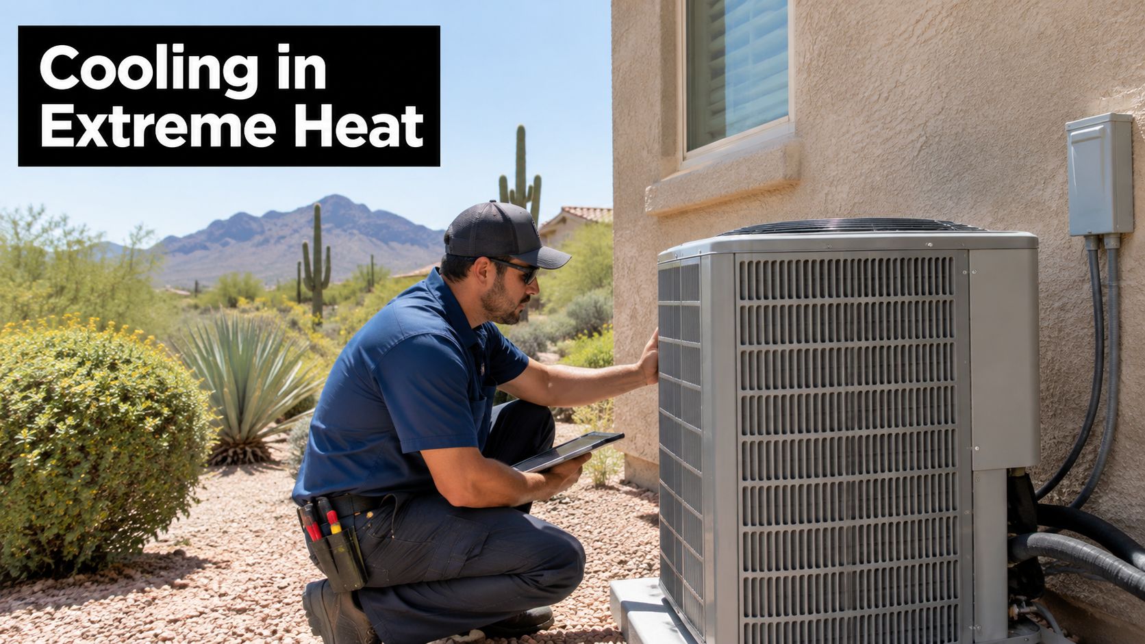 A professional HVAC technician inspecting an outdoor air conditioning unit on a hot sunny day.