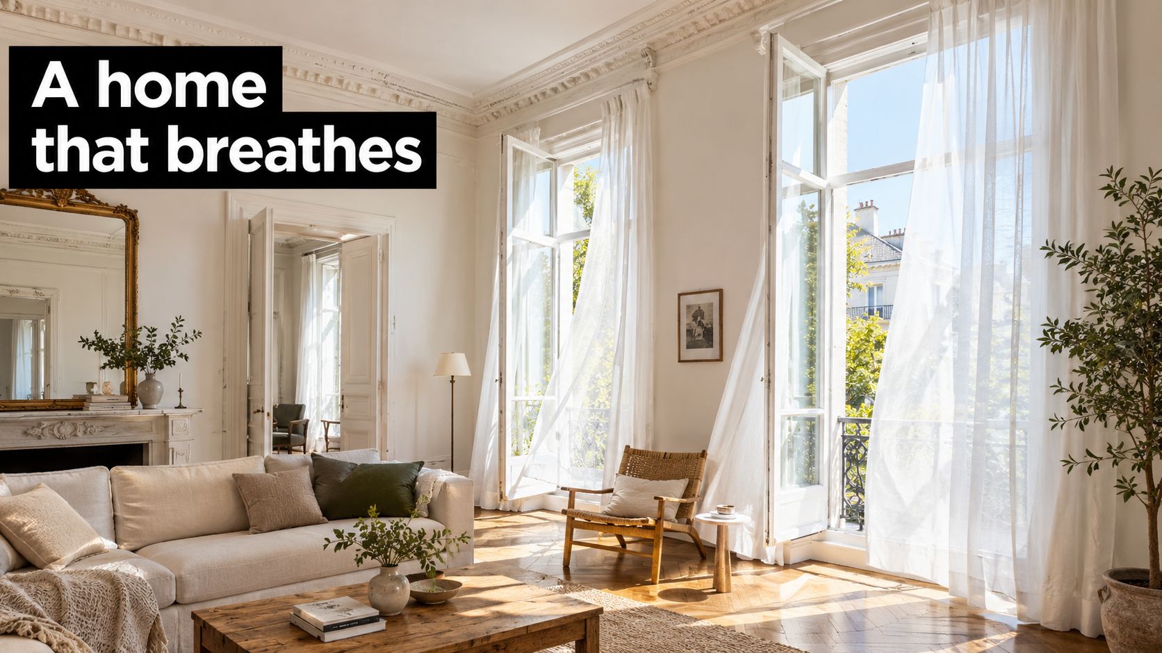 A bright, airy Parisian-style living room with open tall windows and sheer curtains allowing natural light.