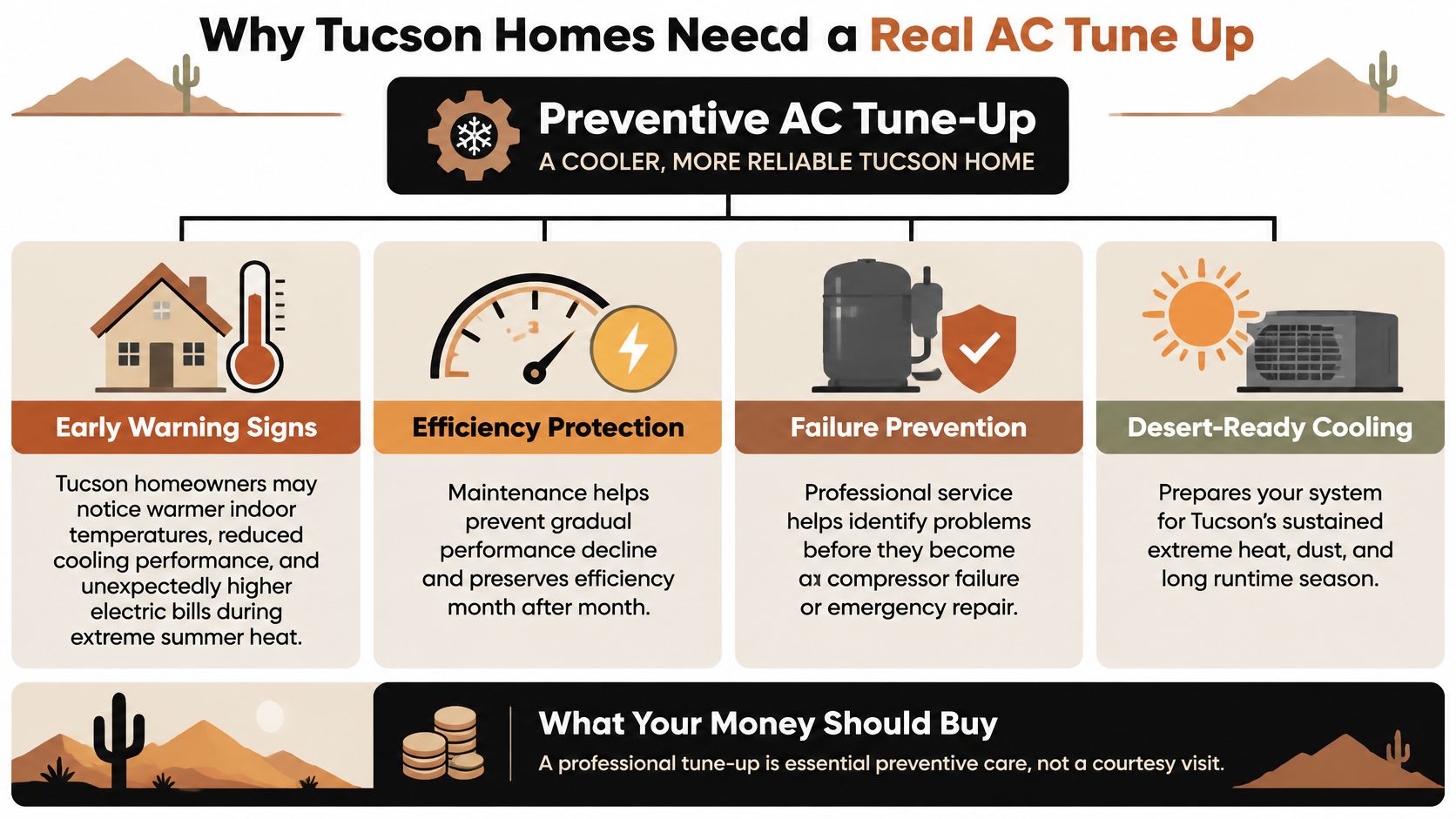 An infographic detailing the benefits of preventive air conditioning tune-ups for Tucson homeowners during summer.