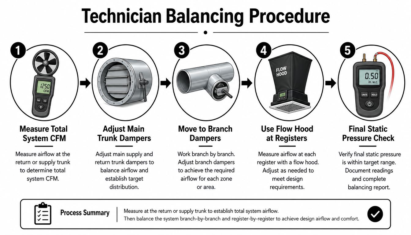 A five-step instructional diagram detailing the professional HVAC technician balancing procedure for airflow systems.