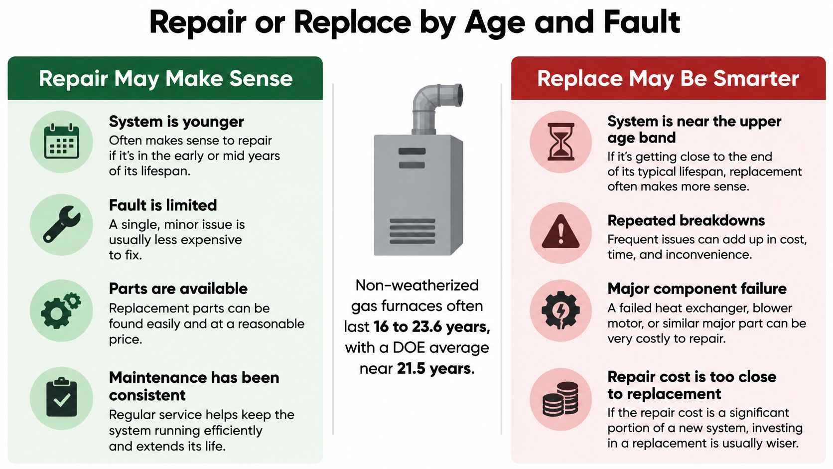 A comparison chart showing when to repair or replace a gas furnace based on age and faults.