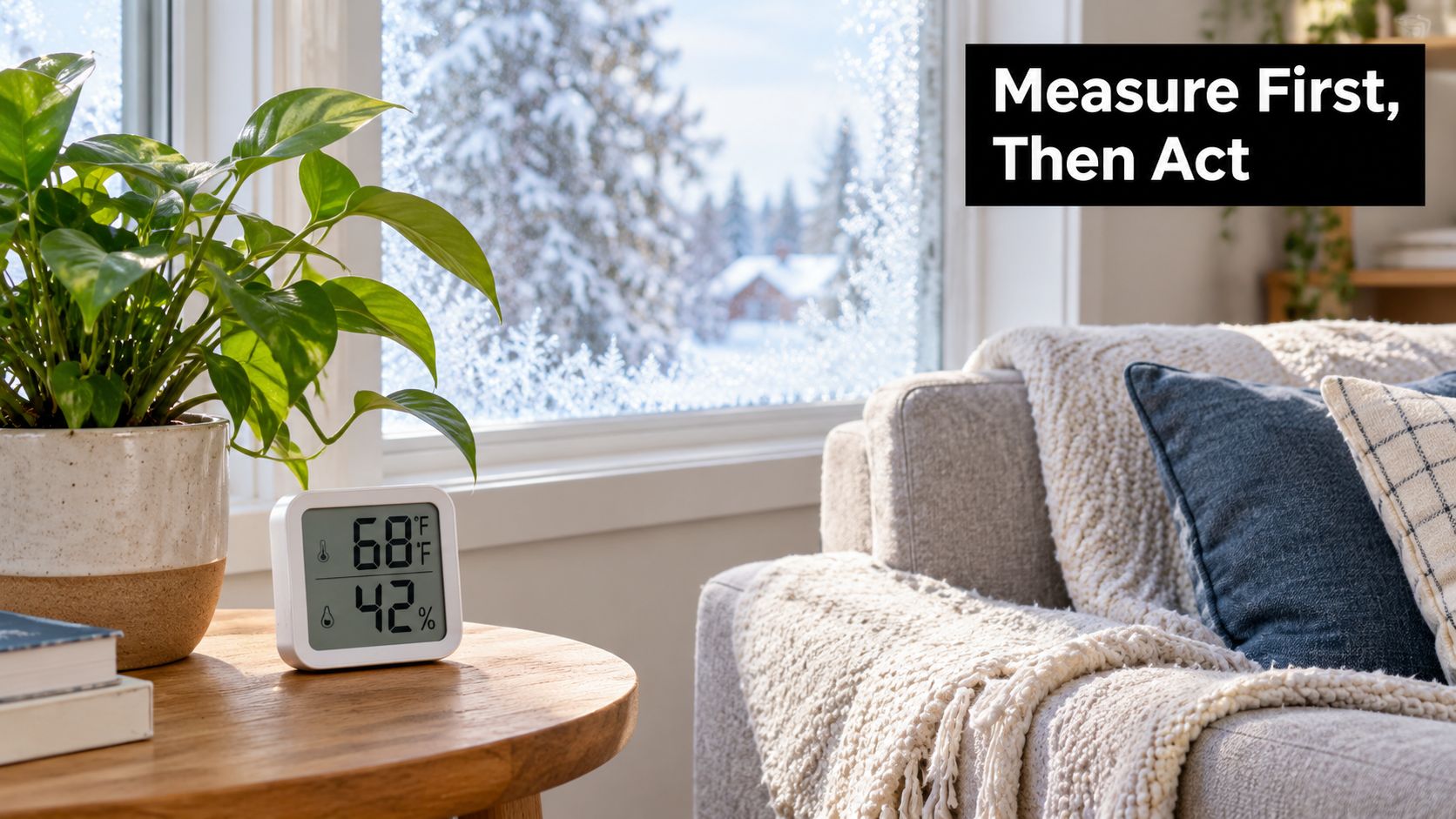 A digital hygrometer on a wooden table displays indoor room temperature and humidity during winter.