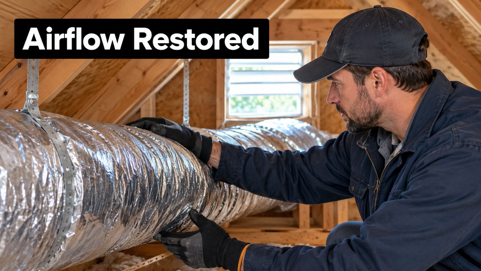 A professional technician carefully inspecting and repairing flexible insulated HVAC ductwork inside an attic space.