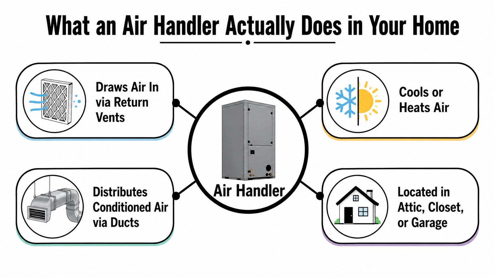 An infographic showing the four primary functions of a home air handler unit with simple icons.