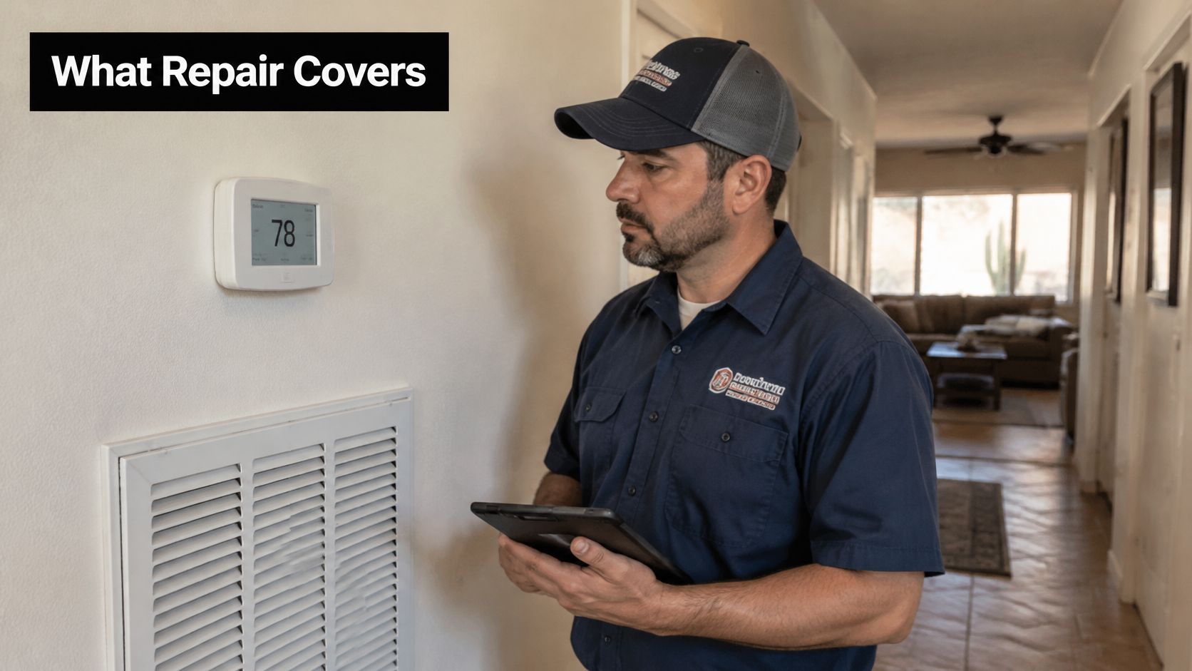 A professional technician wearing a company uniform checks a home thermostat while holding a tablet computer.