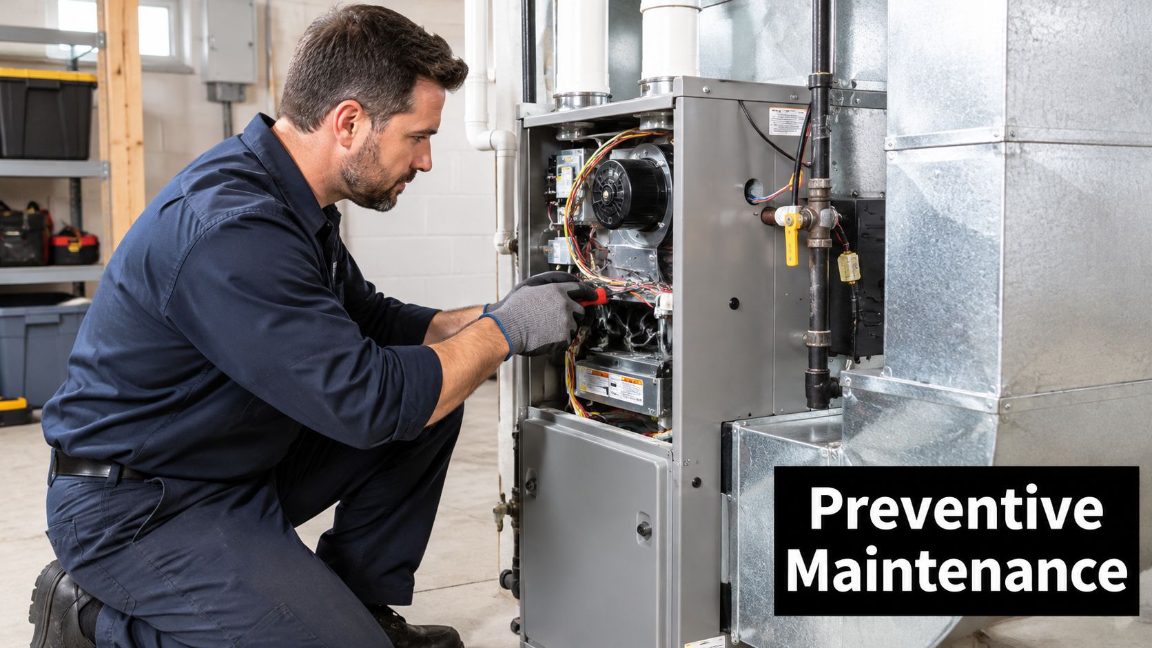 A professional technician wearing gloves performs preventive maintenance on a home heating system furnace unit.