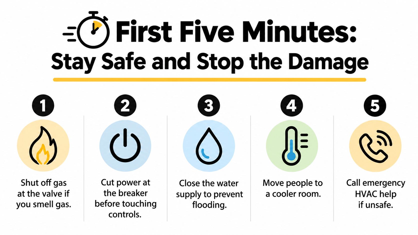 An infographic showing five safety steps to follow during an emergency HVAC situation to prevent damage.