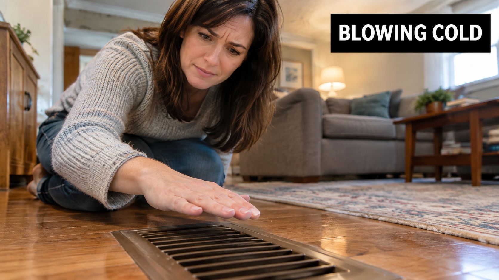 A concerned woman checks a floor vent in her home because it is blowing cold air.
