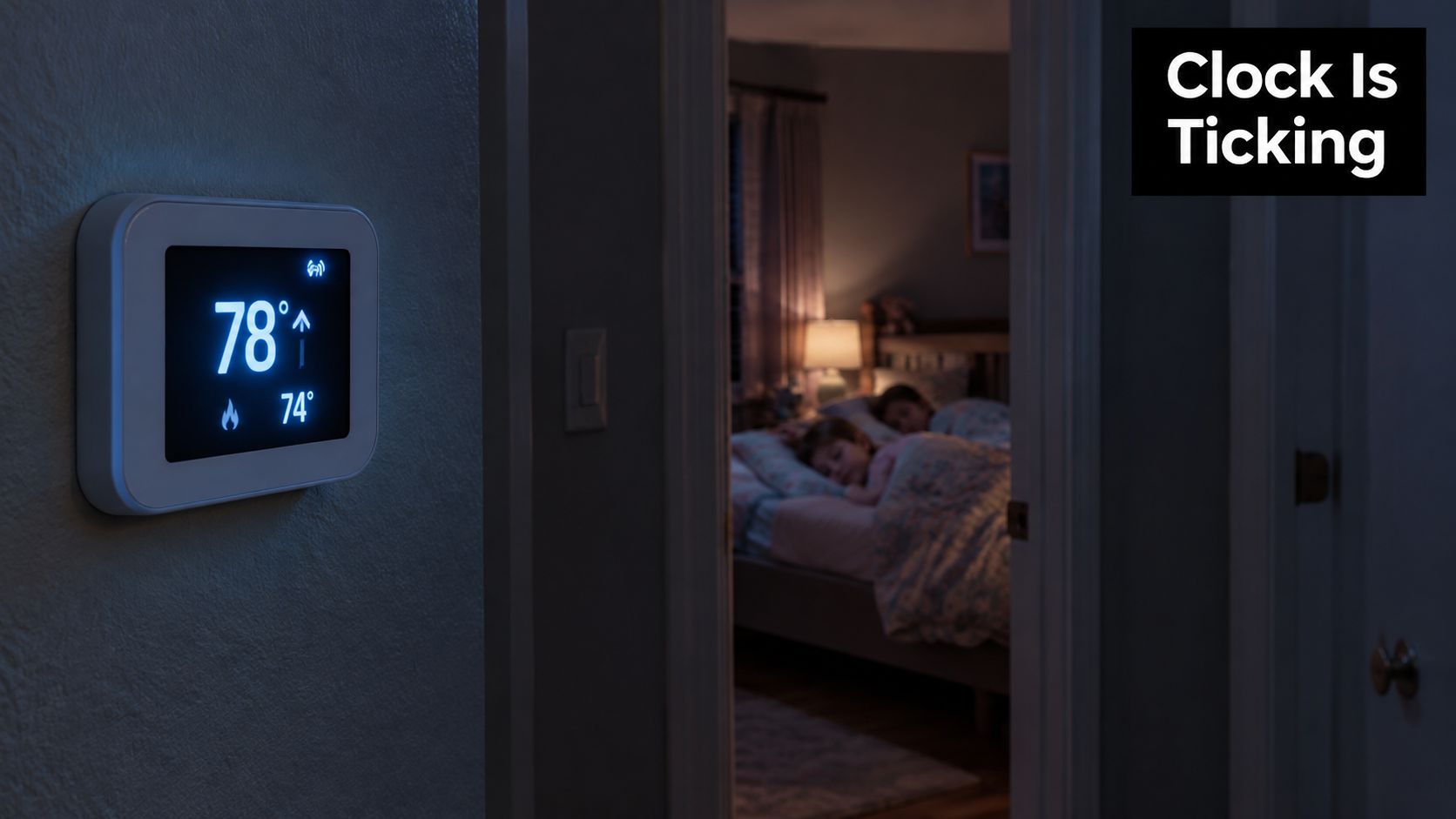 A wall-mounted smart thermostat displaying seventy-eight degrees inside a home with children sleeping in a bedroom.