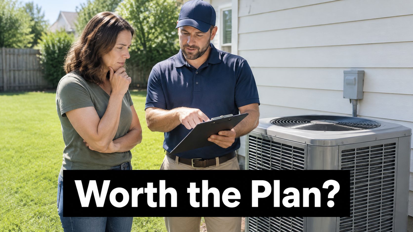 A technician explaining an HVAC service plan to a thoughtful homeowner standing next to an outdoor air conditioner.