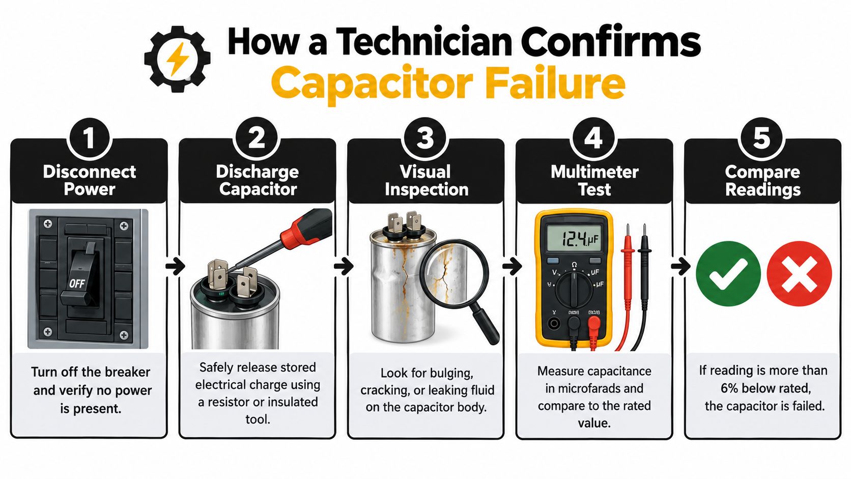 A five-step infographic showing technicians how to properly diagnose and confirm a failing HVAC capacitor.
