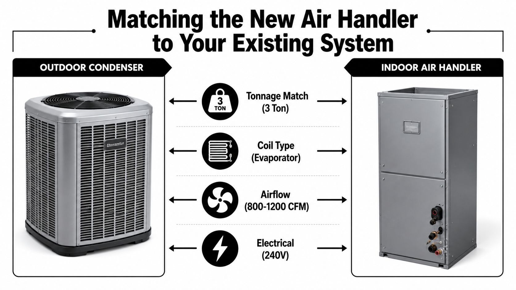An infographic showing the four key factors to consider when matching a new air handler with an outdoor condenser.