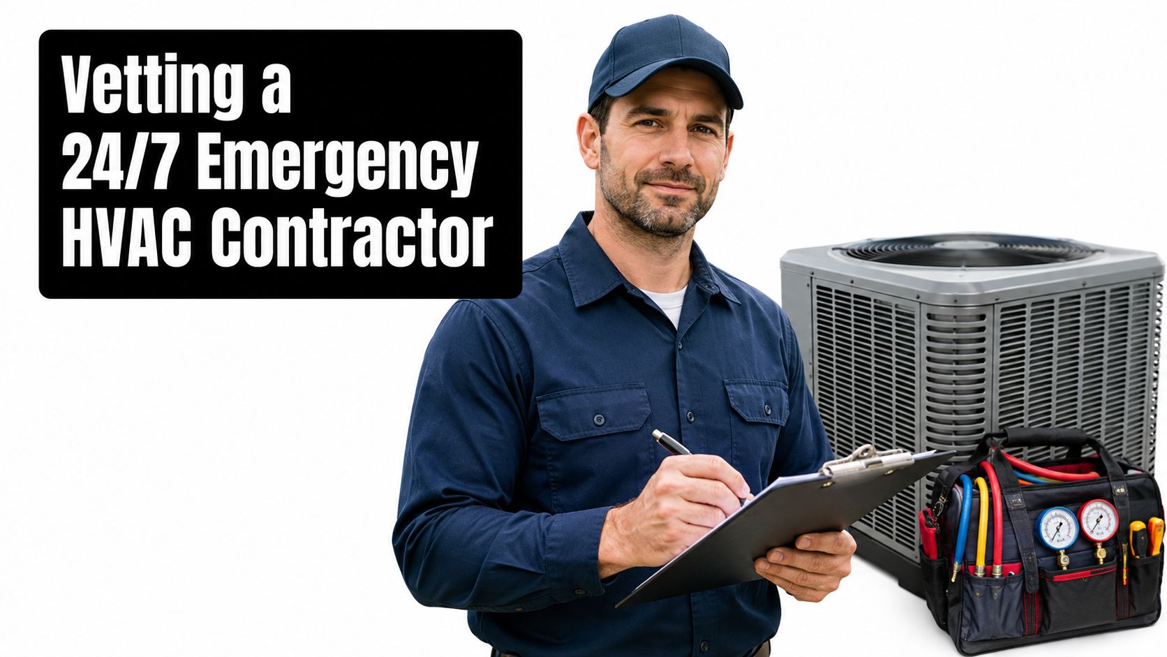 A professional HVAC technician in a uniform holding a clipboard near an air conditioning unit.