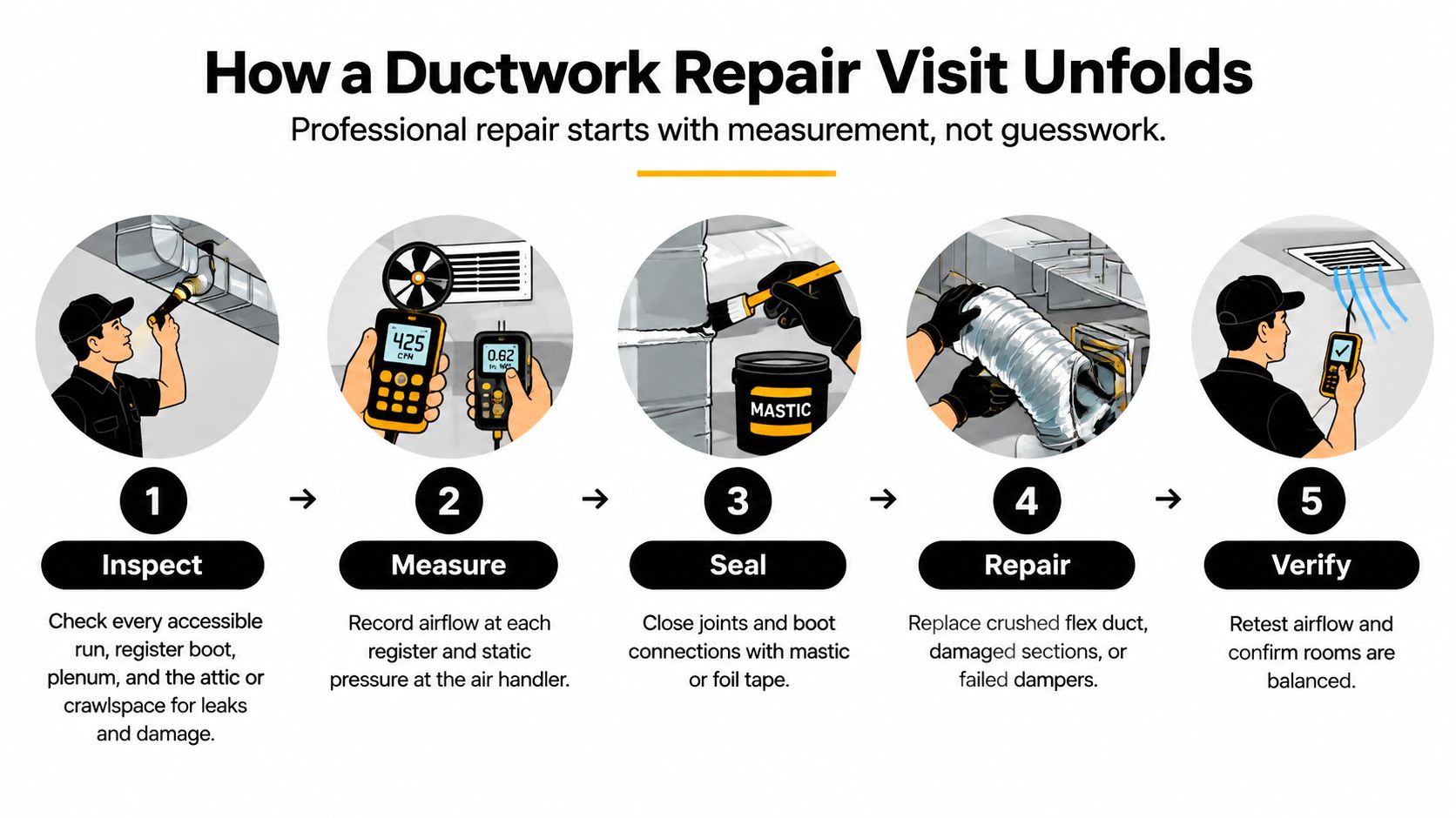 A step-by-step infographic illustrating the professional process for ductwork repair services from inspection to final verification.