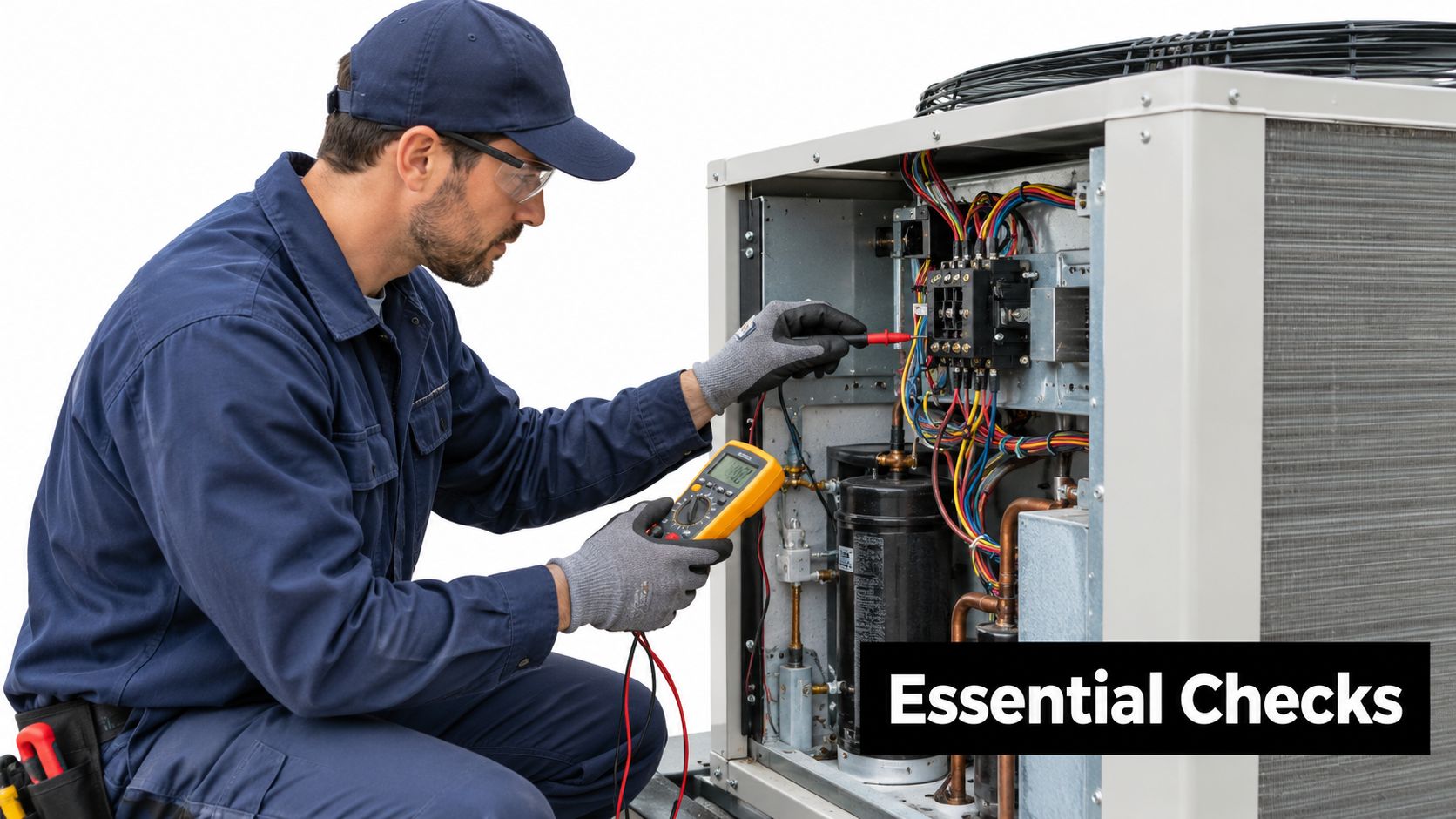 A professional technician wearing safety gear inspects a commercial air conditioning unit using a digital multimeter tool.