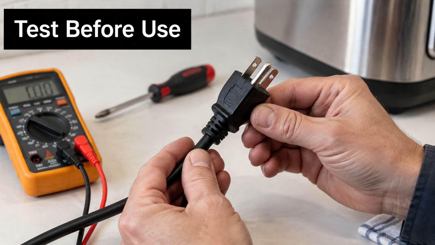 A person holding an electric plug while using a multimeter to test for safety before use.