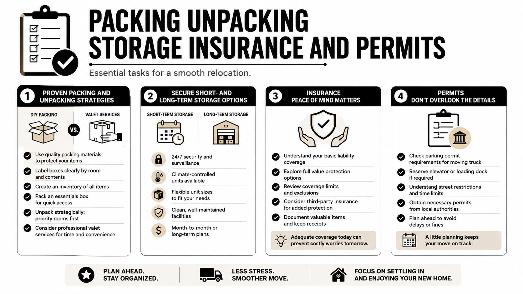 An infographic titled Packing, Unpacking, Storage, Insurance, and Permits for a smooth and organized relocation process.