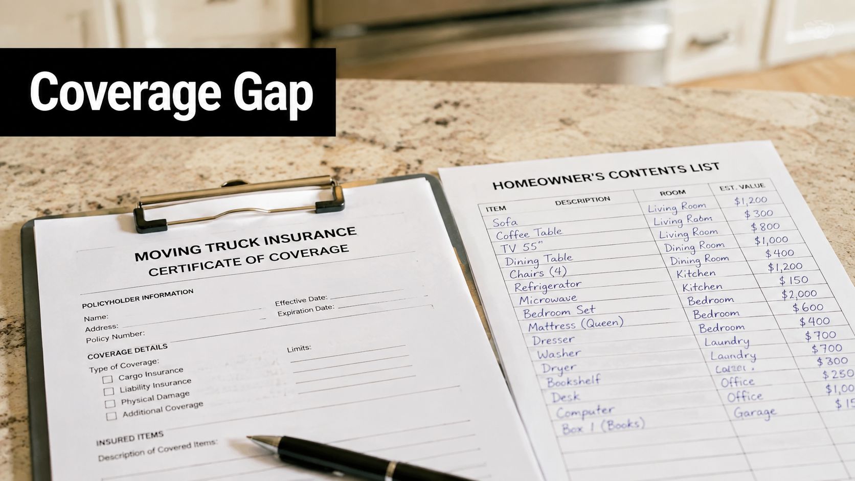 A moving truck insurance certificate and a handwritten homeowner's contents list on a granite countertop.