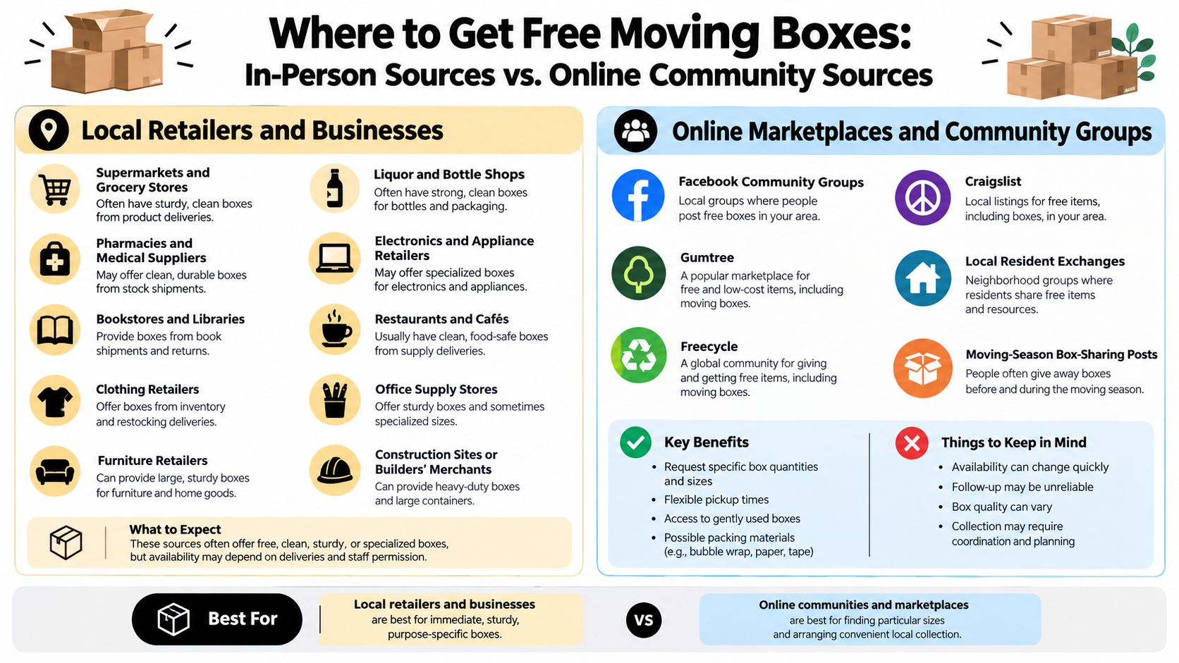 An infographic comparing local businesses and online marketplaces as sources for finding free moving boxes.
