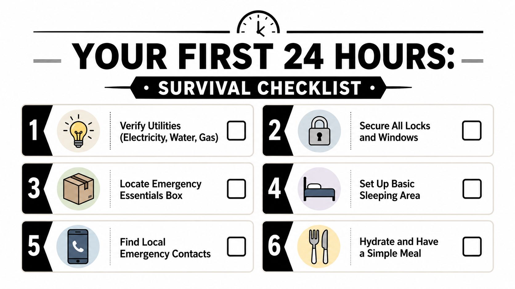 A visual survival checklist for the first 24 hours in a new home including six key steps.