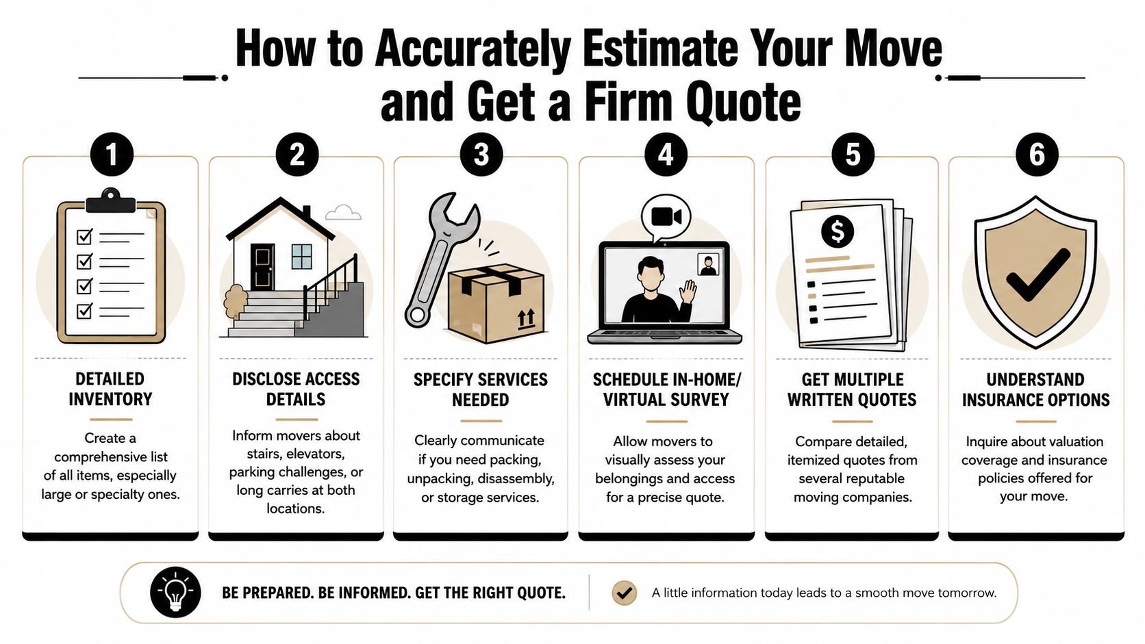 An infographic showing six essential steps to accurately estimate costs and receive quotes from professional household movers.