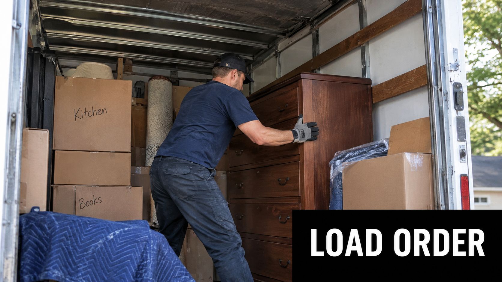 A professional mover in a blue shirt loading a wooden dresser into the back of a moving truck.