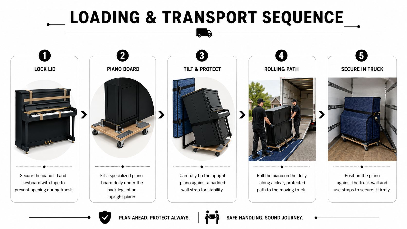 A five-step infographic showing the professional process of moving an upright piano into a truck safely.
