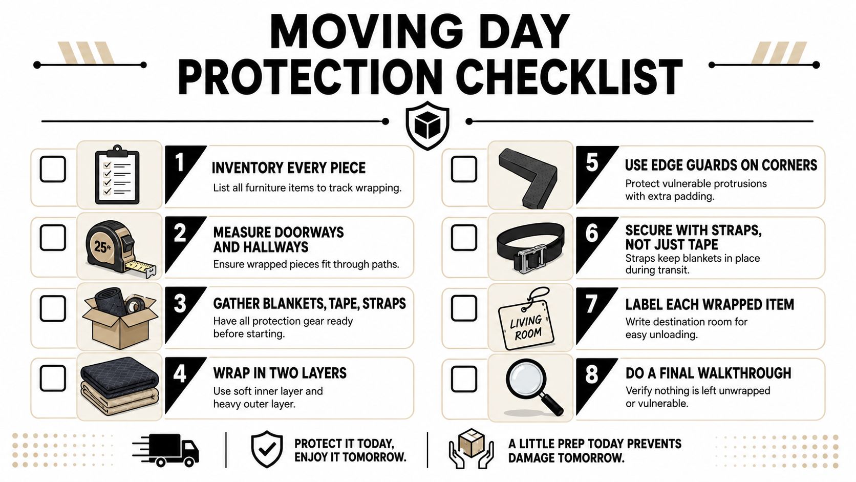 A moving day protection checklist showing eight essential steps for safely wrapping and securing furniture for transit.