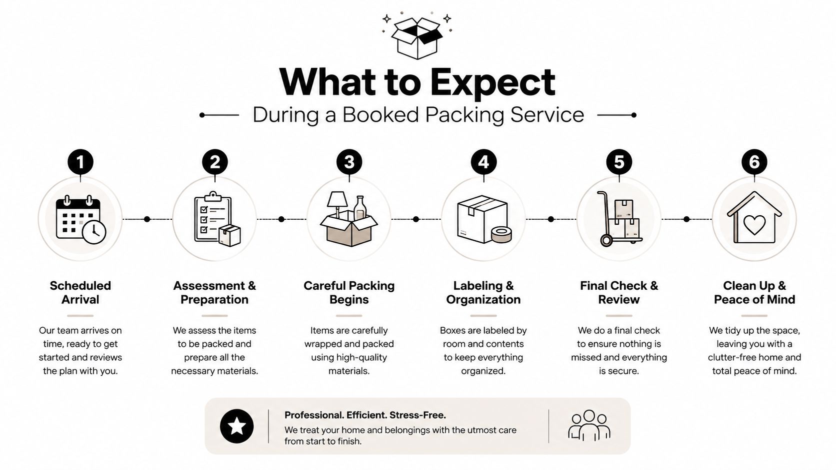 A six-step infographic detailing the professional packing and crating services process from arrival to cleanup.