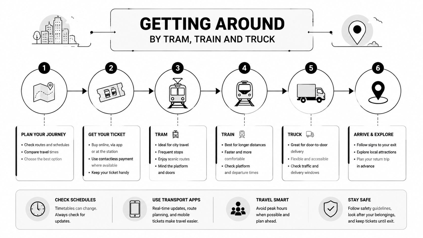 An infographic detailing a six-step guide for traveling via tram, train, and truck, with additional safety tips.
