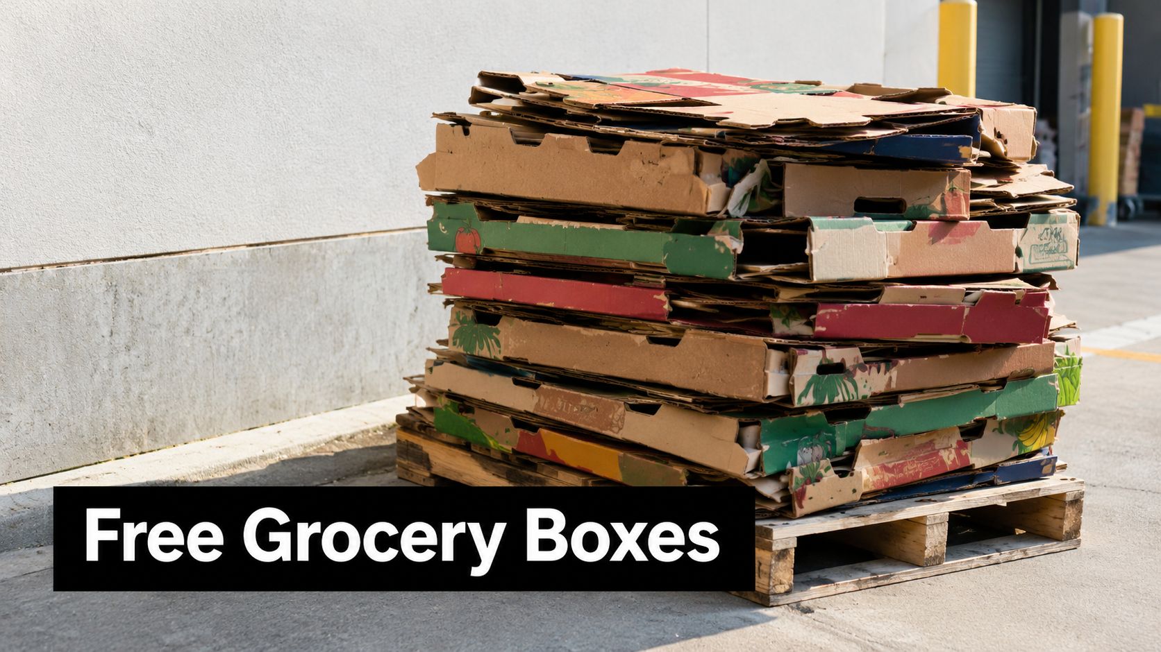 A stack of folded cardboard grocery boxes sitting on a wooden shipping pallet outdoors.