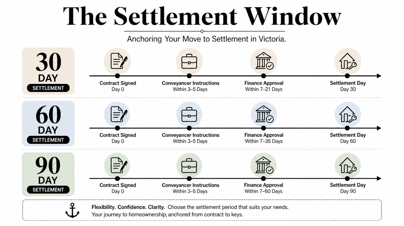 A diagram outlining 30, 60, and 90-day settlement timelines for property buyers in Victoria, Australia.
