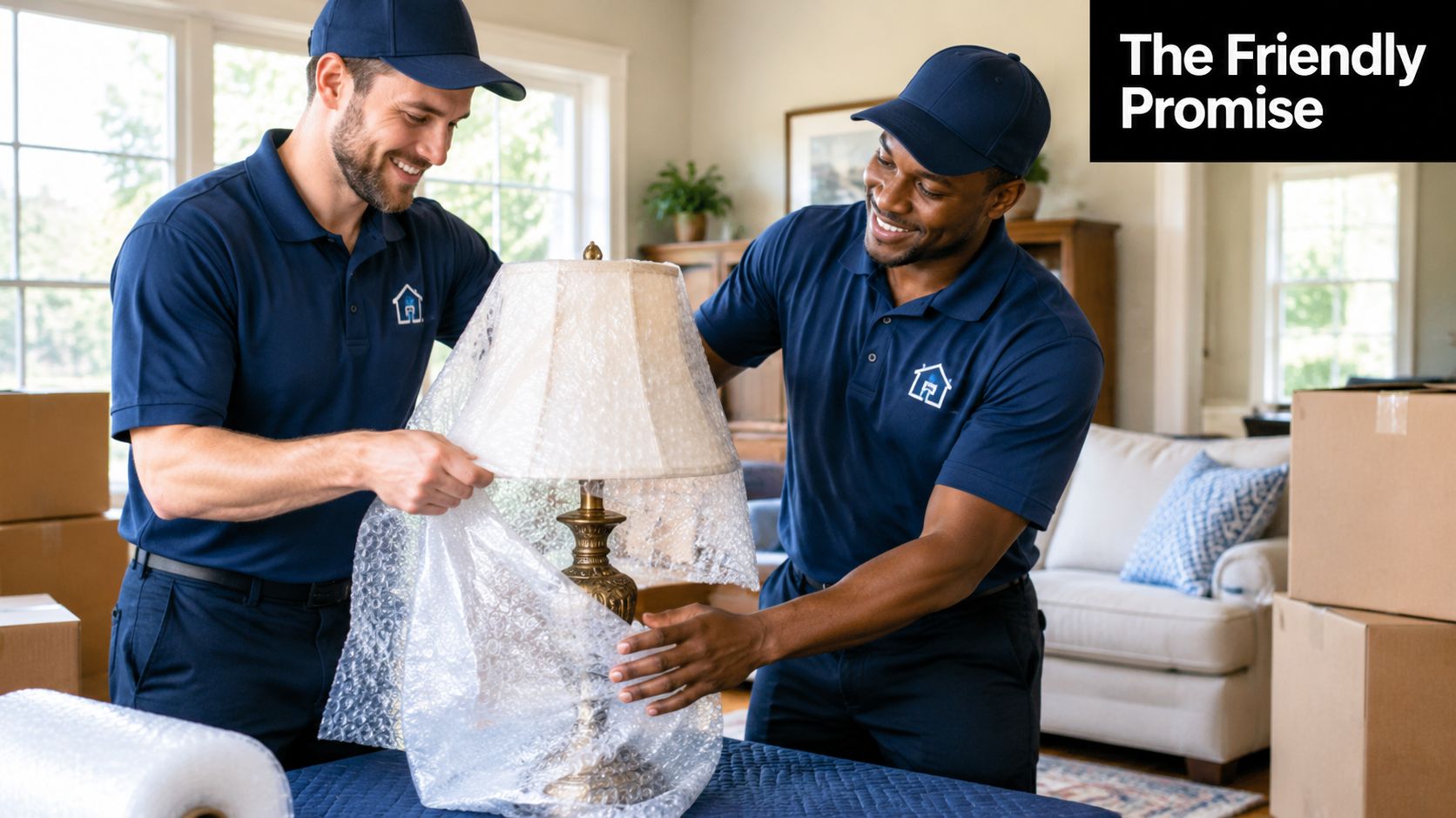Two friendly professional movers in blue uniforms carefully wrapping a vintage lamp in protective bubble wrap.