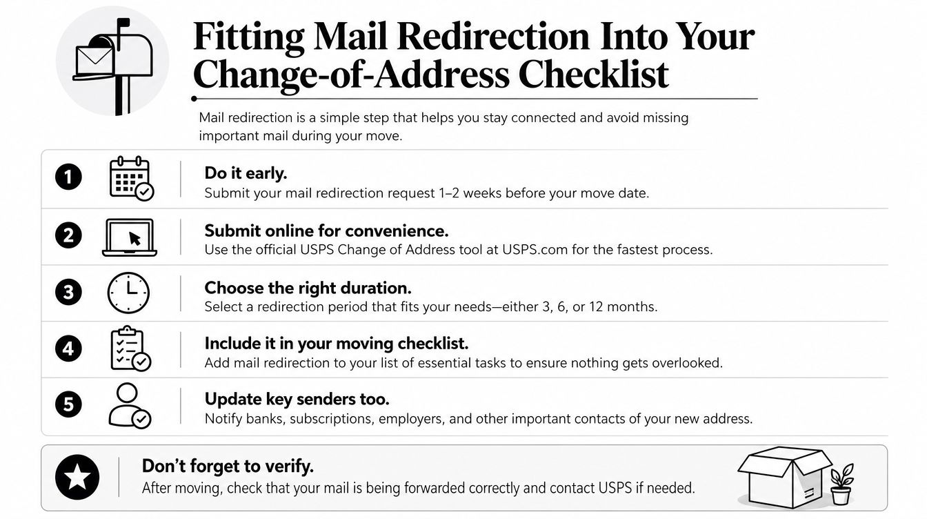 A helpful checklist detailing five steps for setting up mail redirection before moving to a new home.