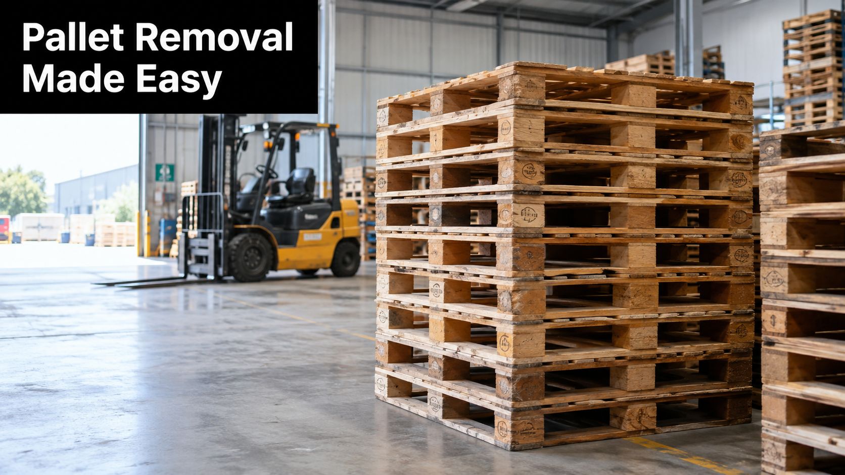 A forklift in a warehouse near a large stack of wooden pallets for efficient industrial moving.