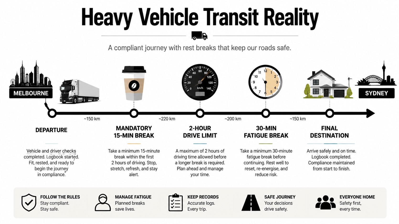 An infographic showing a compliant heavy vehicle journey from Melbourne to Sydney with mandatory rest stops.
