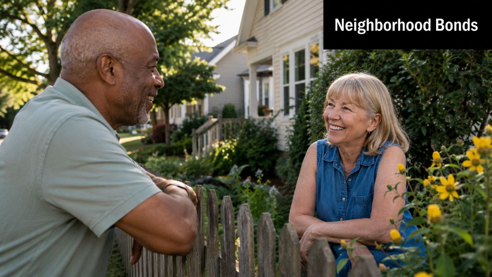 A smiling middle-aged man and woman talking across a wooden fence in front of a house.