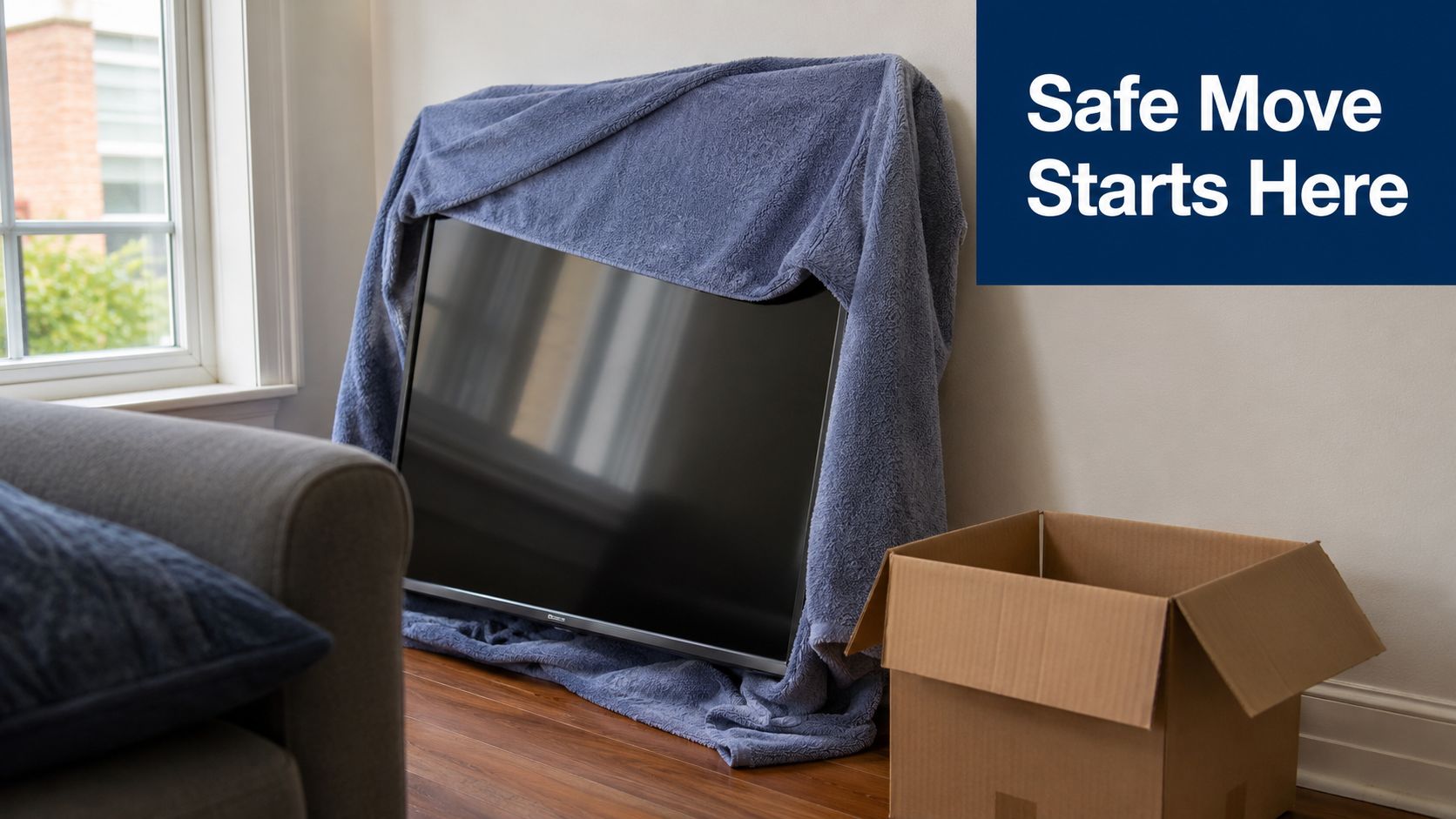 A large flat-screen television covered with a blue protective blanket sitting near an empty cardboard box.