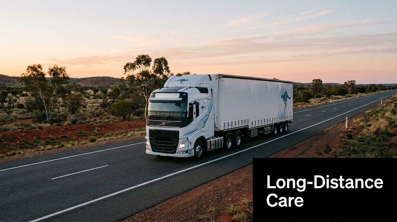 A white semi-truck with a kangaroo logo driving on an open road during a beautiful sunset.