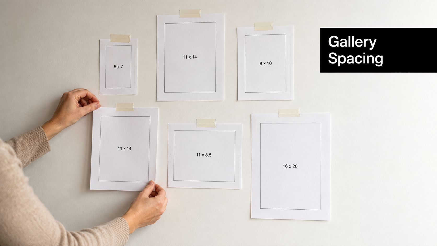 A person hanging paper templates for picture frames on a white wall for gallery wall planning.