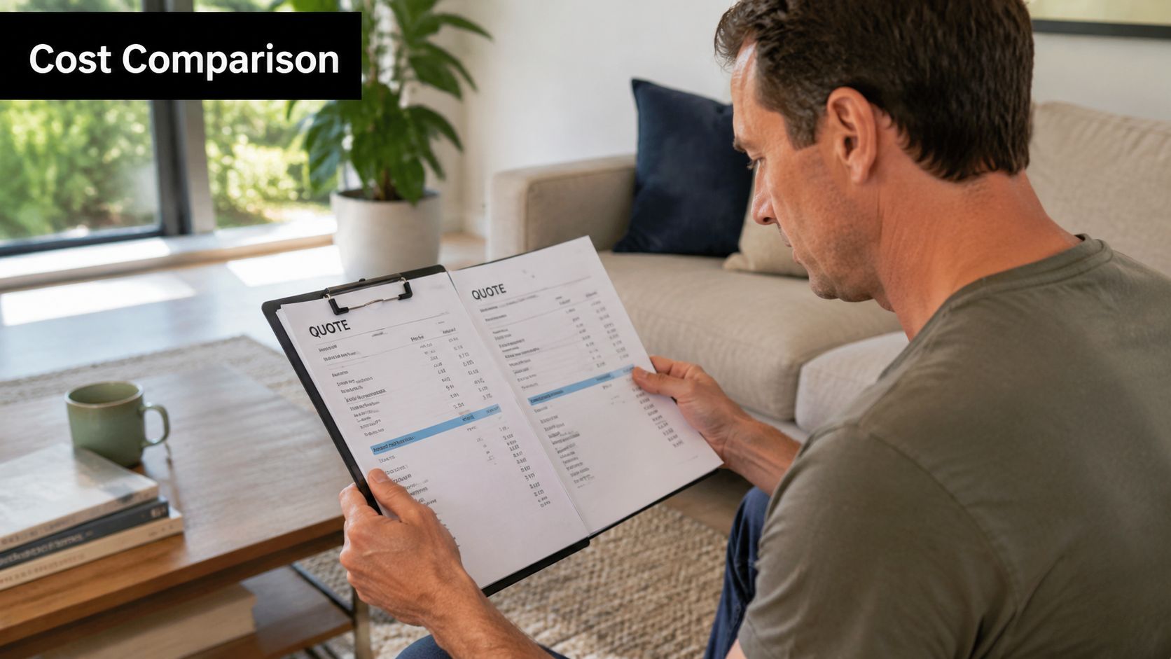 A man in a living room reviews a detailed cost comparison quote on a clipboard.
