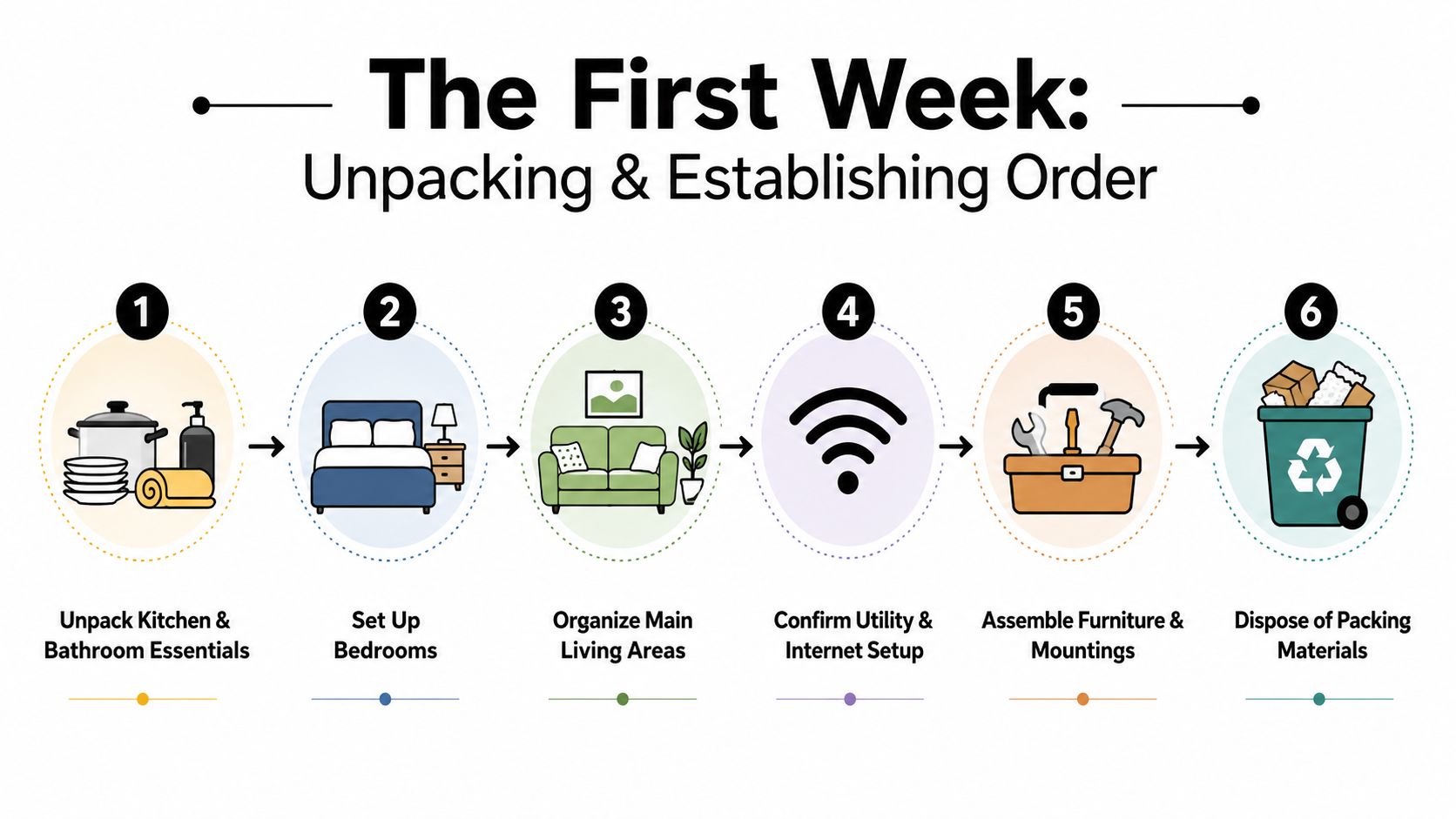 A numbered six-step infographic illustrating a process for unpacking and organizing a new home efficiently.