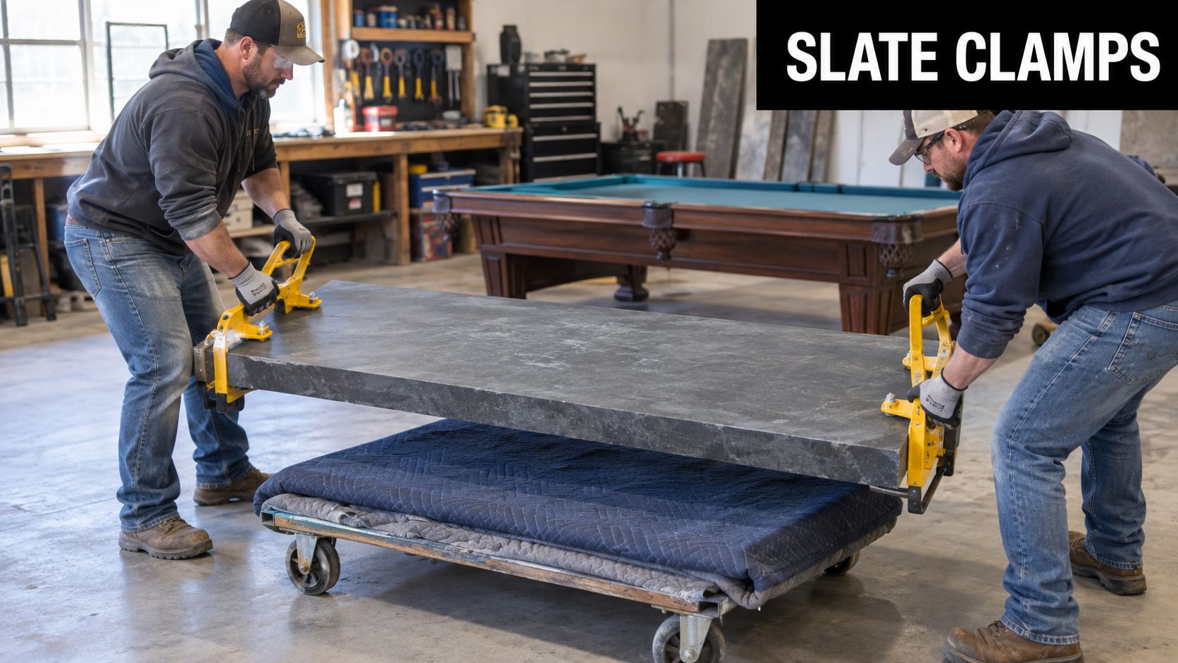 Two professional movers using yellow heavy-duty slate clamps to carry a large piece of pool table slate.