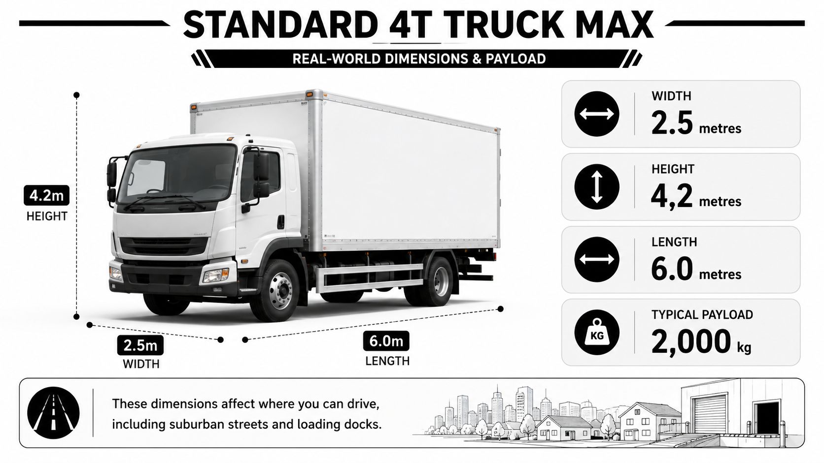 A detailed infographic showing the standard dimensions and payload capacity of a four-tonne box truck.