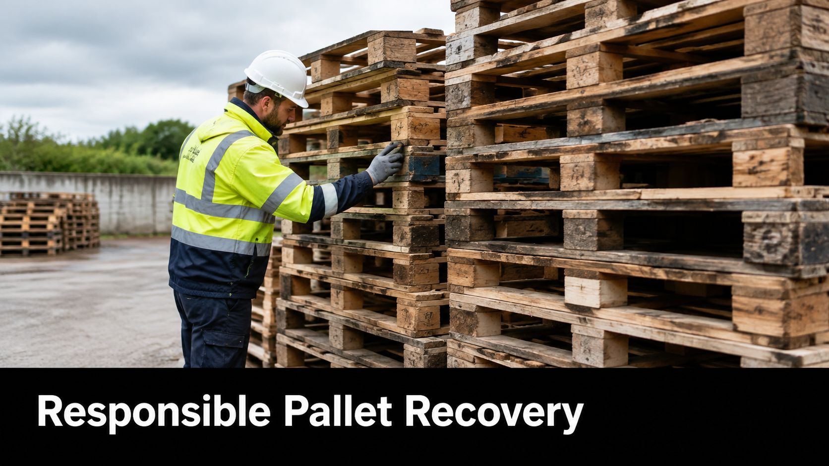 A worker in a high-visibility jacket and hard hat inspects a large stack of wooden shipping pallets.